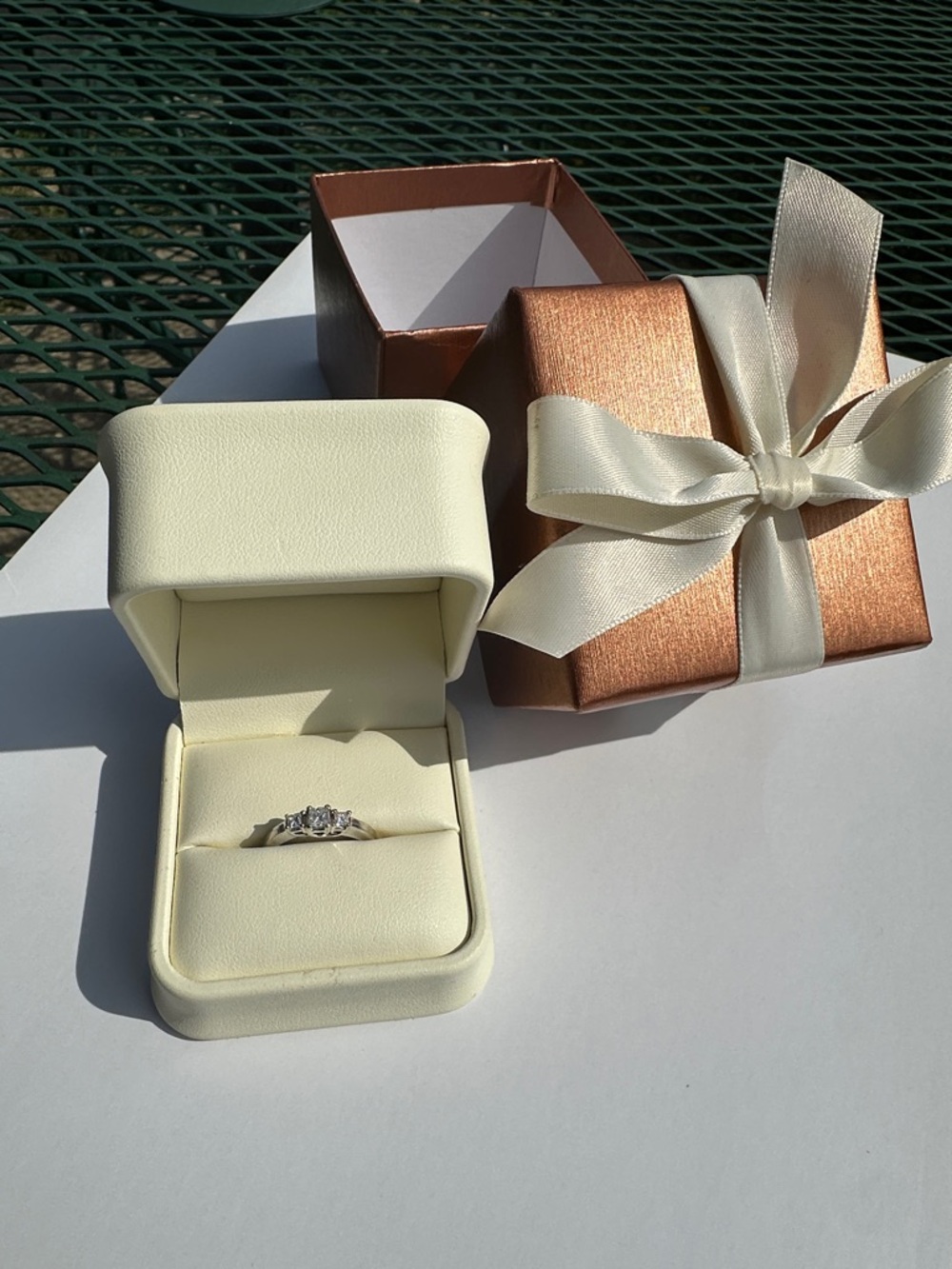 14K White Gold Princess Cut Diamond 3 Stone Ring .51ct Trellis Setting Appraised